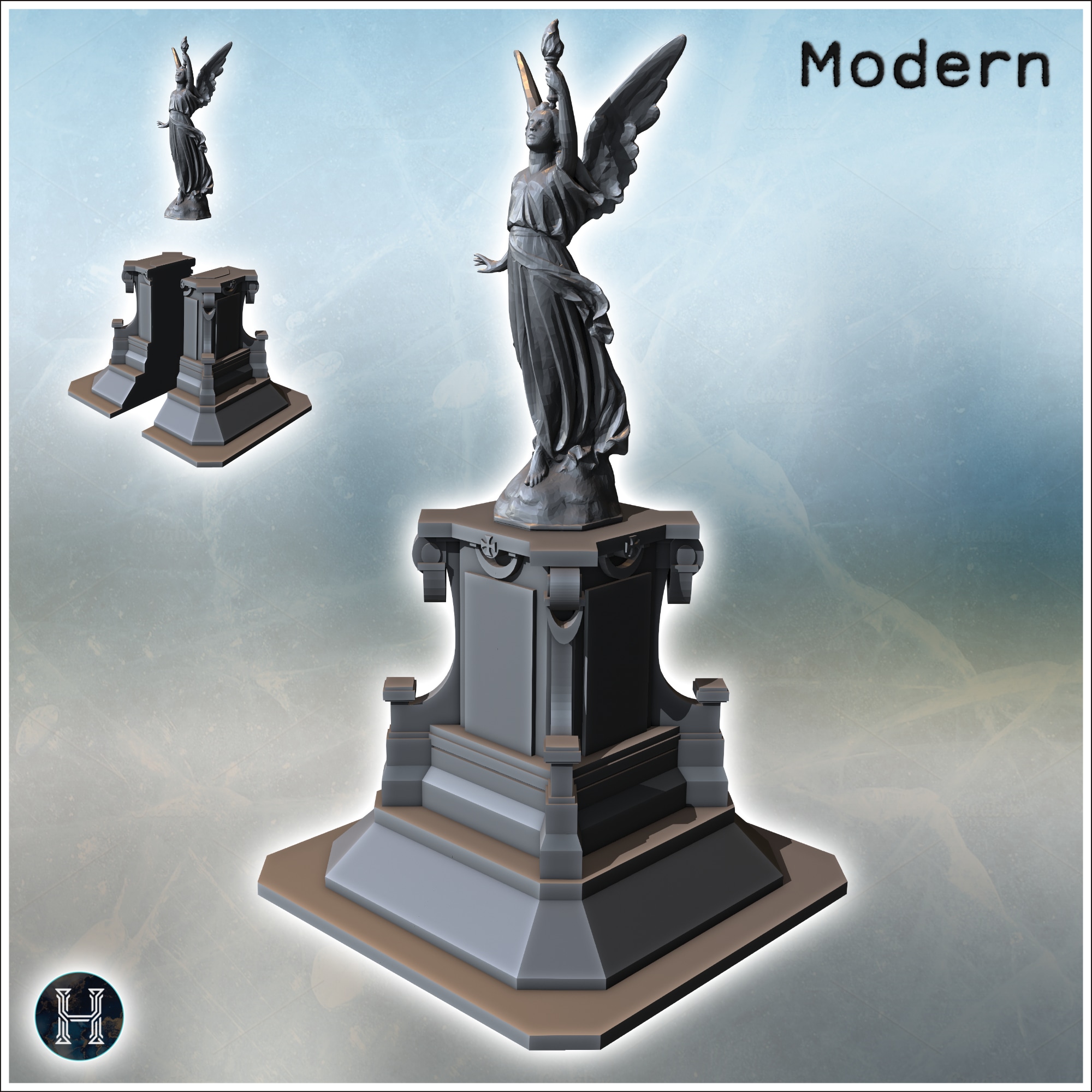 Statue of an angelic figure holding a torch, standing on a decorated pedestal (Carentan, Normandy 1944, France) (1) - World War Two Second WWII Bocage D-Day Operation Overlord Western US